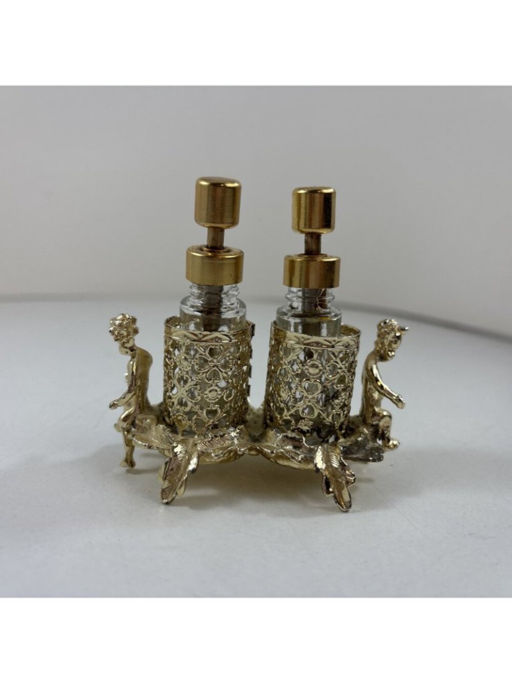 Vintage Cherub Perfume Glass Bottle Set Gold Filigree Holder SF Hollywood Reg - Picture 4 of 9